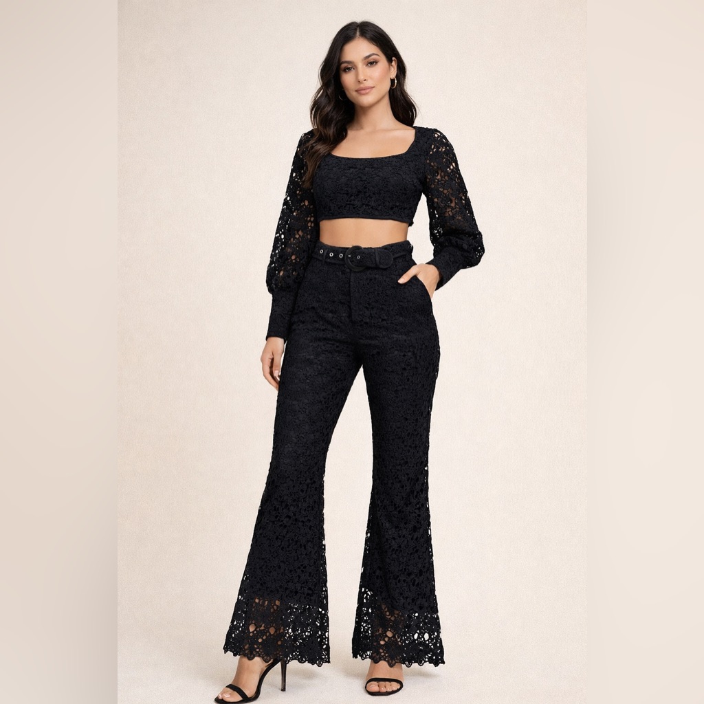 Beulah Crochet/ Lace Cropped Long Sleeve Top & Flare Lace Pants Small Reg. $199